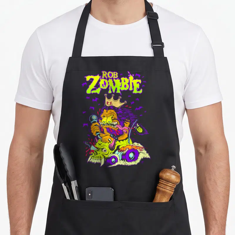Tablier de cuisine noir avec illustration colorée d'un monstre chanteur couronné Rob Zombie