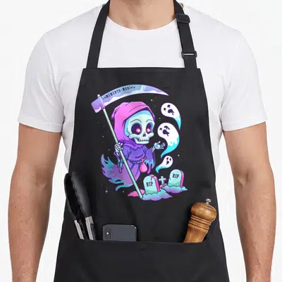 Tablier de cuisine noir avec un Grim Reaper pasteltenant une faux portant linscription Memento Mori.