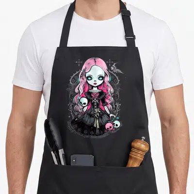 Tablier de cuisine noir avec une illustration de poupée gothique aux cheveux roses et yeux bleus tenant un crâne.