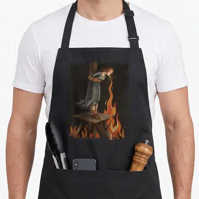 Tablier de cuisine noir avec illustration d'une sorcière liée sur un bûcher en train de fumer.