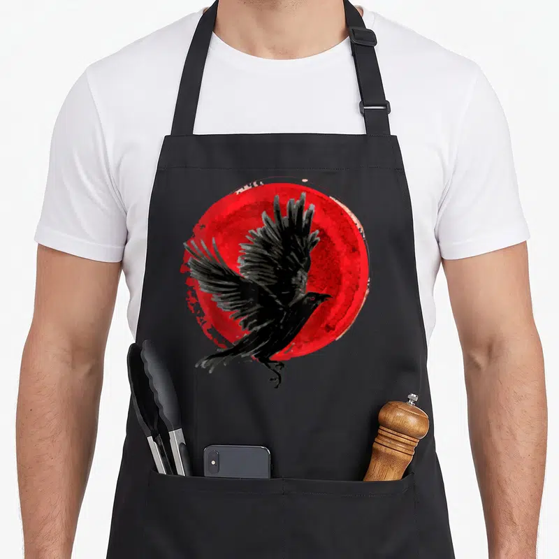 Tablier de cuisine noir avec illustration d'un corbeau aux ailes déployées sur fond de cercle rouge vif.