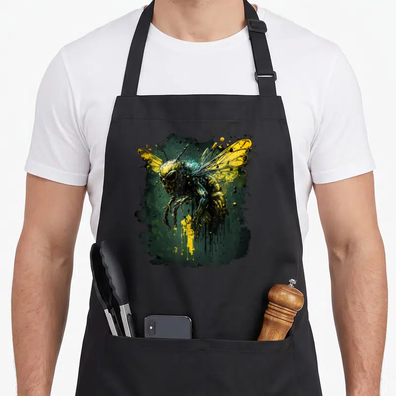 Tablier de cuisine noir avec illustration d'abeille squelettique aux ailes jaunes et fond vert sombre.