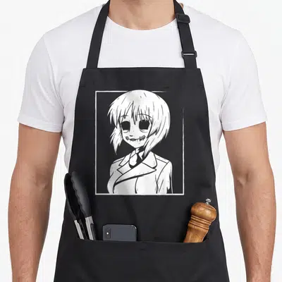 Tablier de cuisine noir avec illustration blanche d'une fille anime aux yeux vides et sourire étrange encadrée par un rectangle fin.