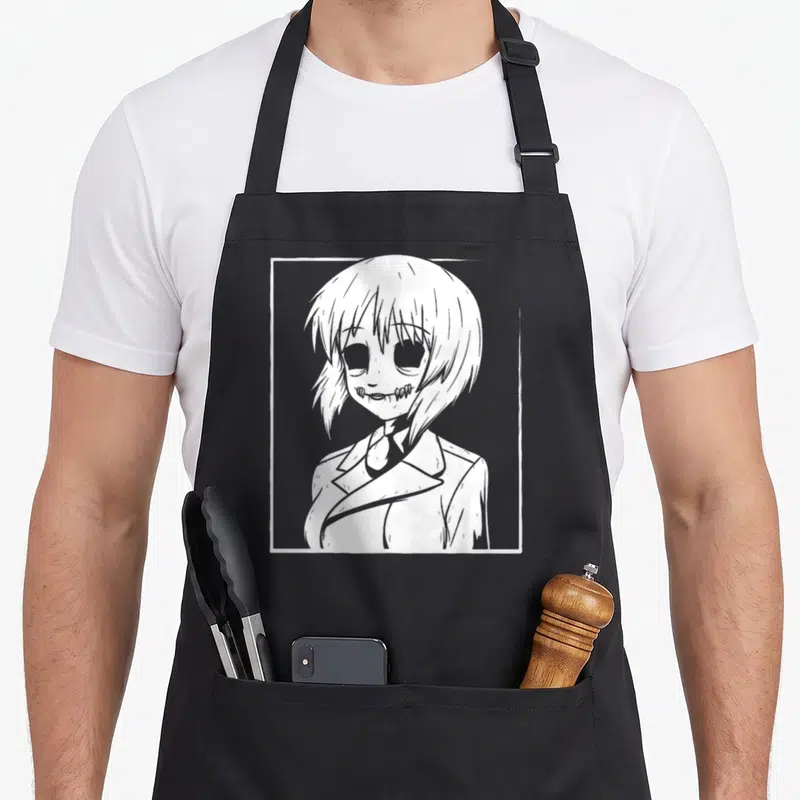 Tablier de cuisine noir avec illustration blanche d'une fille anime aux yeux vides et sourire étrange encadrée par un rectangle fin.