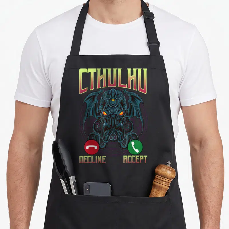 Tablier de cuisine noir avec une illustration de Cthulhu et les boutonsDecline et Accept en bas.
