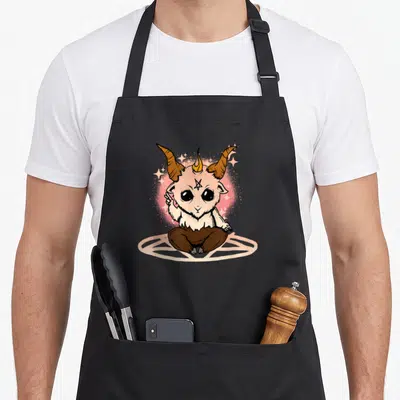 Tablier de cuisine noir avec illustration d'un Baphomet kawaii assis en tailleur sur un cercle magique.