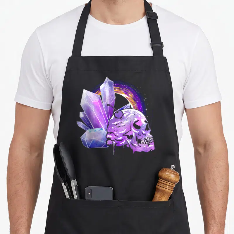 Tablier de cuisine noir avec un crâne violet et des cristaux géométriques sur fond d'arc-en-ciel stylisé.