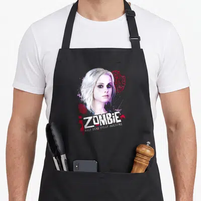 Tablier de cuisine noir avec portrait de Liv Moore et texte iZombie Half Dead Fully Génial.
