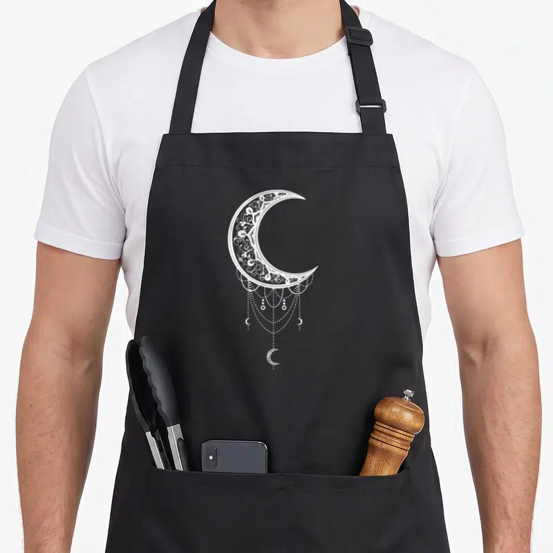 Tablier de cuisine noir avec lune croissante blanche ornée de motifs floraux et de perles suspendues.