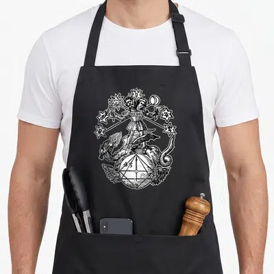 Tablier de cuisine noir avec illustration blanche du Rebis alchimique sur un dragon et une sphère géométrique.