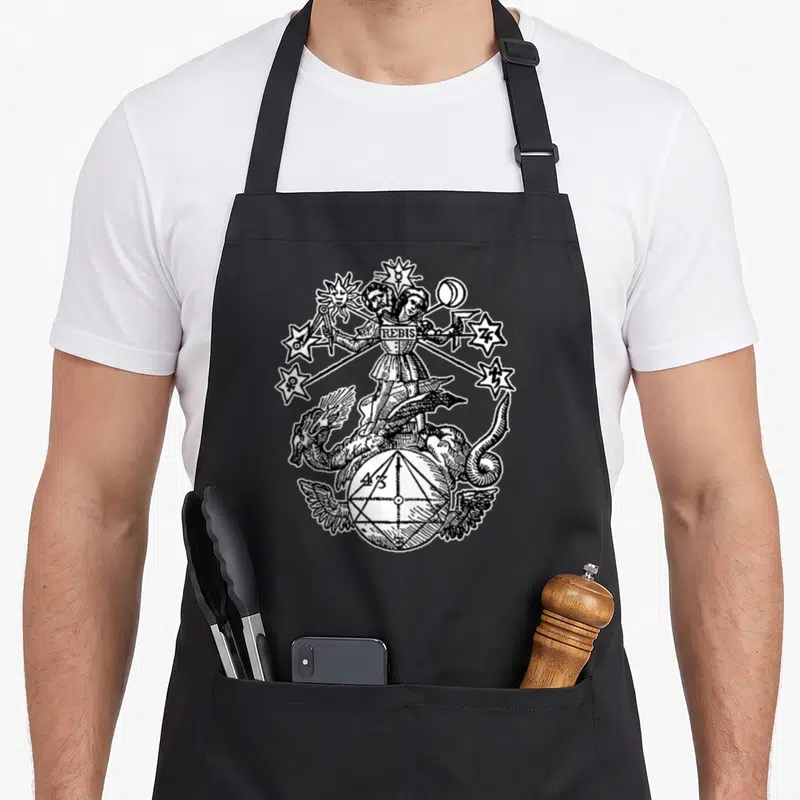 Tablier de cuisine noir avec illustration blanche du Rebis alchimique sur un dragon et une sphère géométrique.