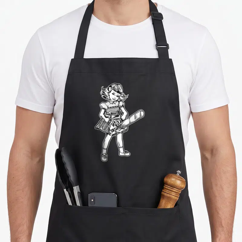 Tablier de cuisine noir avec illustration d'une jeune fille holding une tronçonneuse en style croquis noir et blanc.
