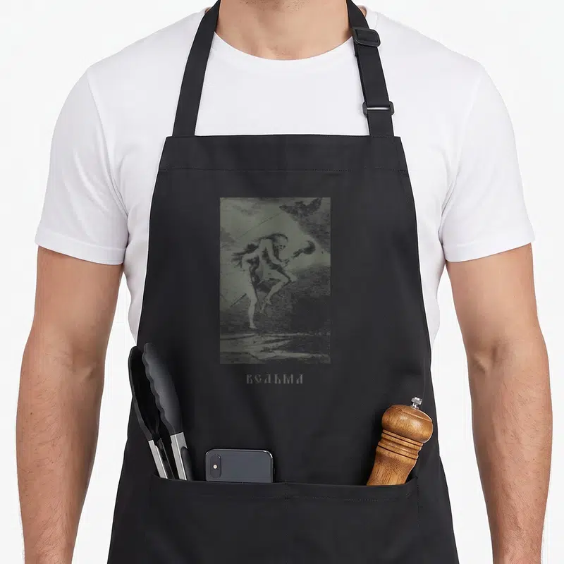 Tablier de cuisine noir avec illustration grise d'une sorcière Russe et le texte RSABMA en bas.