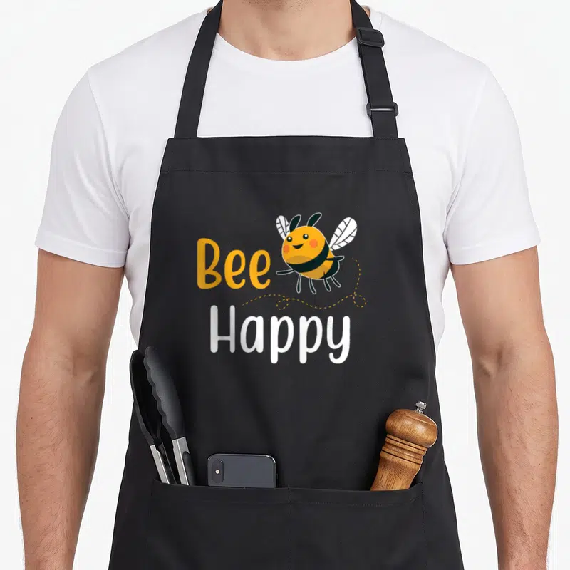 Tablier de cuisine noir avec abeille souriante Bee Happy en jaune et blanc
