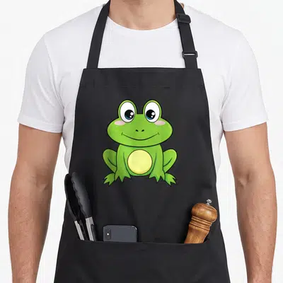 Tablier de cuisine noir avec une grenouille verte souriante aux grands yeux bleus et au ventre jaune.
