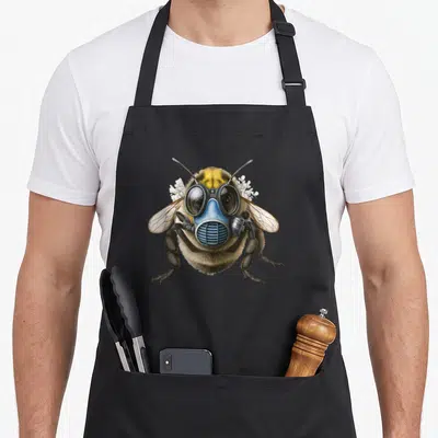 Tablier de cuisine noir avec une illustration d'abeille au masque à gaz bleu et des fleurs blanches en arrière-plan.
