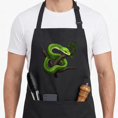 Tablier de cuisine noir avec illustration d'un serpent vert enroulé autour d'une branche feuillue au centre du torse.