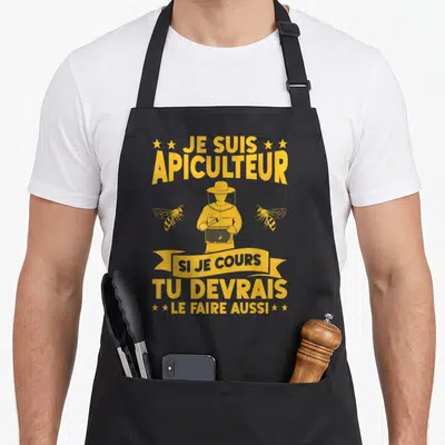 Tablier de cuisine noir avec illustration jaune d'un apiculteur tenant une ruche et deux abeilles volantes.