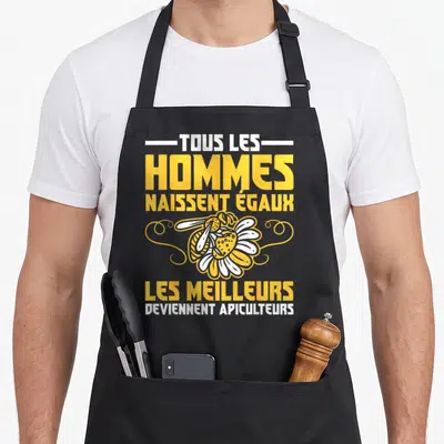 Tablier de cuisine noir avec inscription jaune et blanche sur le thème de l'apiculture et une abeille stylisée au centre.