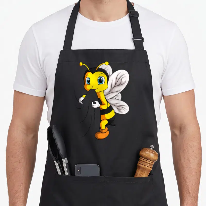 Tablier de cuisine noir avec une abeille bourdon cartoon jaune et noire tenant un morceau de tissu gris devant son visage.