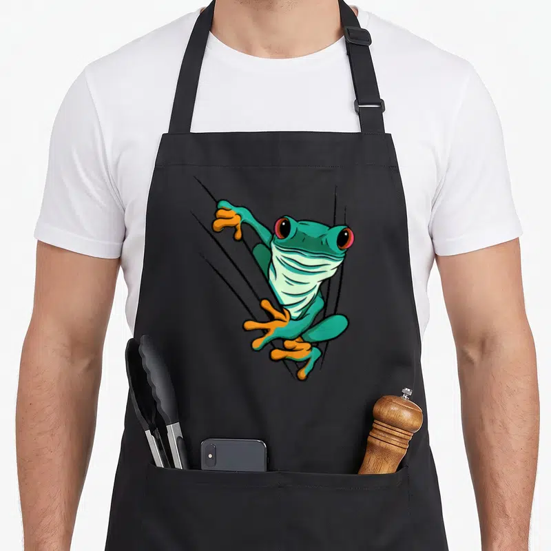 Tablier de cuisine noir avec une grenouille verte aux yeux rouges et pattes orange suspendue entre des traits noirs stylisés.