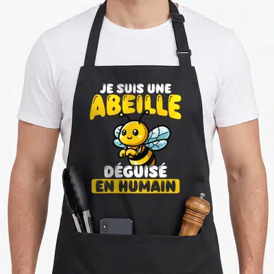 Tablier de cuisine noir avec une abeille jaune souriante et le texte Je Suis Une Abeille Déguisé En Humain imprimé en lettres jaunes et blanches.