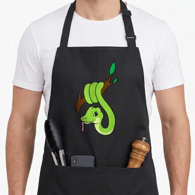 Tablier de cuisine noir avec serpent vert enroulé dans une branche à feuilles, langue rose sortie.