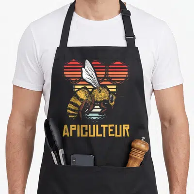 Tablier de cuisine noir avec une grande abeille jaune et le mot Apiculteur en lettres dorées sur fond géométrique orange.
