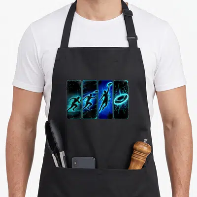 Tablier de cuisine noir avec illustration quadruple d'un joueur de frisbee en néon bleu et silhouettes noires dynamiques.