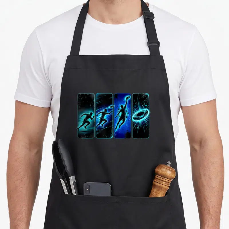 Tablier de cuisine noir avec illustration quadruple d'un joueur de frisbee en néon bleu et silhouettes noires dynamiques.