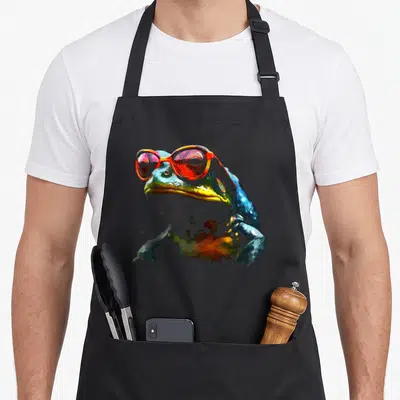 Tablier de cuisine noir avec une grenouille bleue portant des lunettes de soleil roses et oranges dans un style aquarelle.