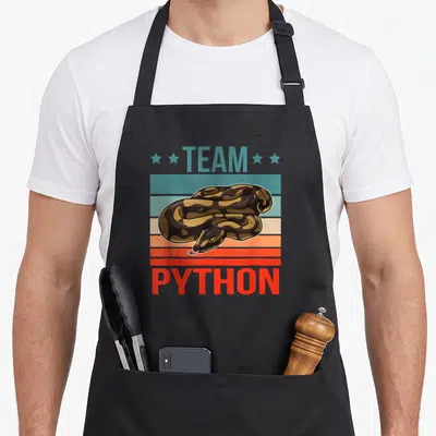 Tablier de cuisine noir avec illustration d'un python enroulé sur fond de bandes colorées vintage et texte Team Python Serpent Python.