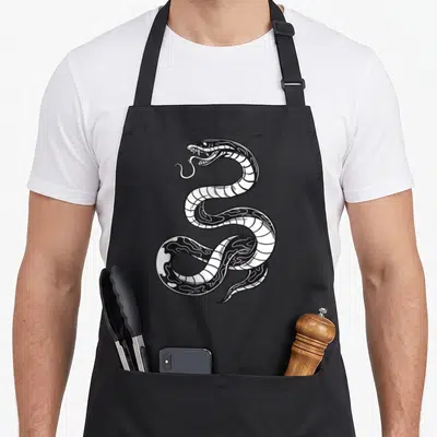 Tablier de cuisine noir avec un serpent noir et blanc stylisé aux motifs ondulants et à la langue fourchue.