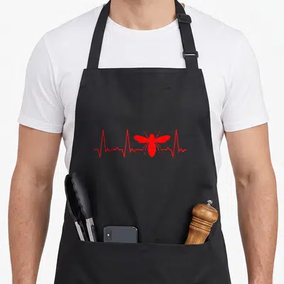 Tablier de cuisine noir avec un motif rouge représentant une ligne de rythme cardiaque traversée par une abeile stylisée au centre.