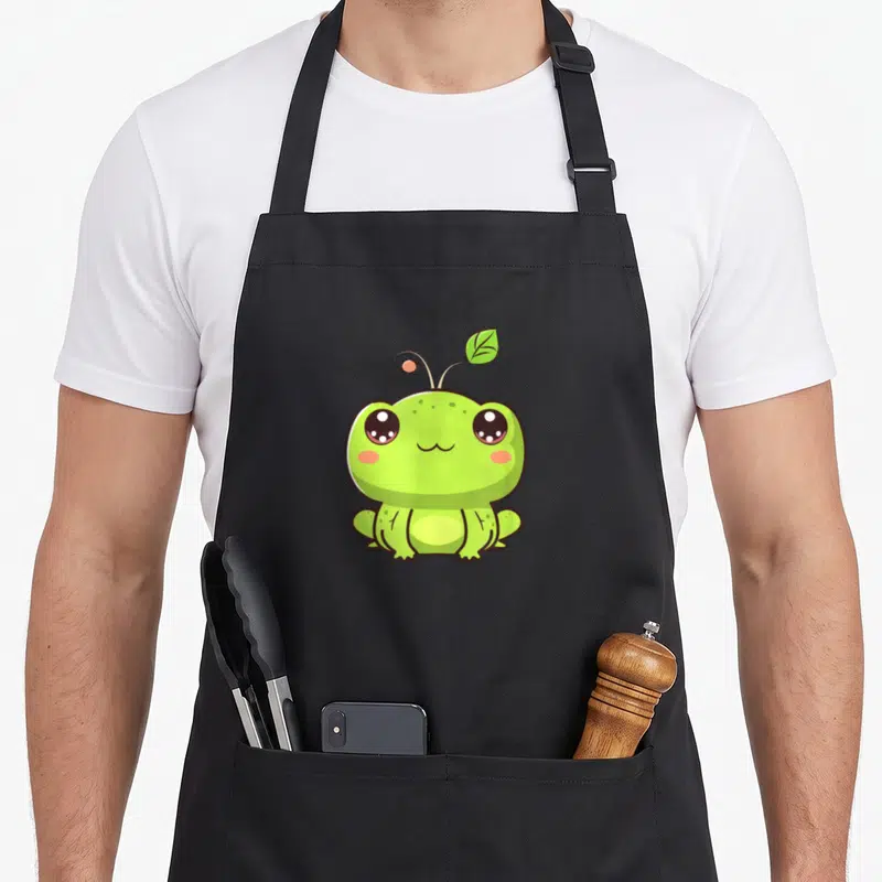Tablier de cuisine noir avec une grenouille kawaii verte aux grands yeux et une feuille sur la tête.