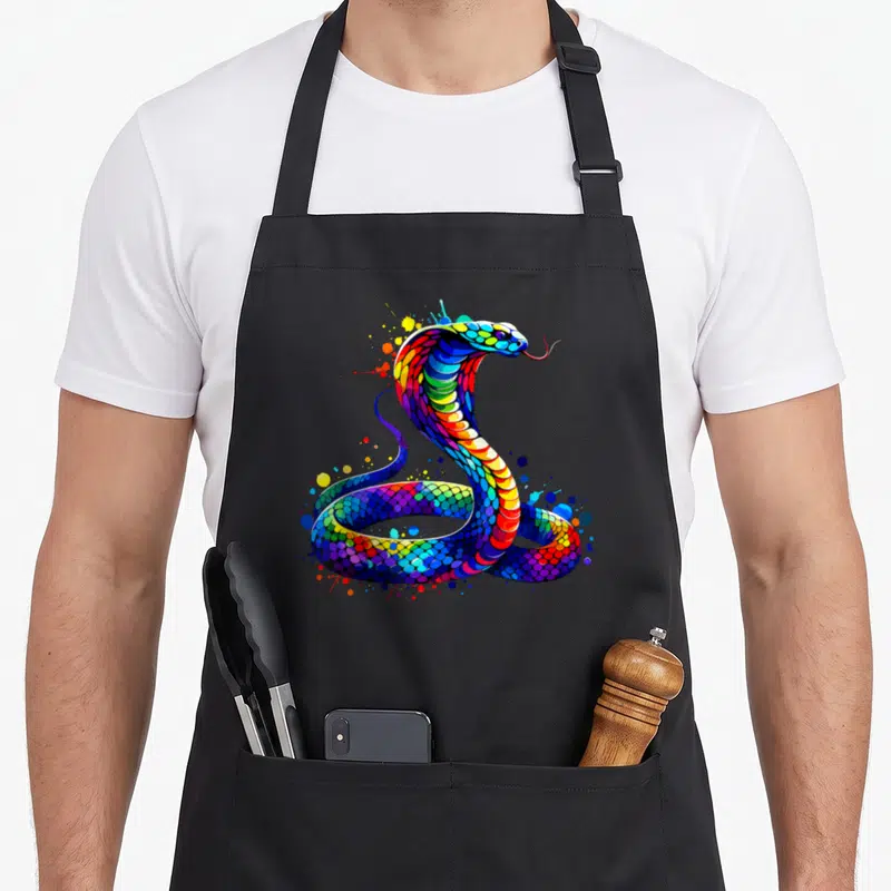 Tablier de cuisine noir avec un cobra aux écailles rainbow et éclaboussures colorées style graffiti.
