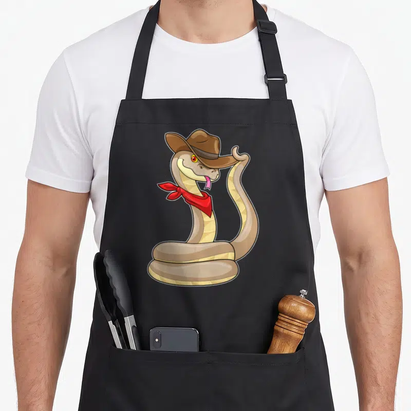 Tablier de cuisine noir avec un serpent cowboy au chapeau brown et foulard rouge.