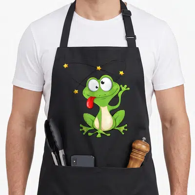 Tablier de cuisine noir avec une grenouille verte cartoon aux yeux exorbités et la langue sortie.