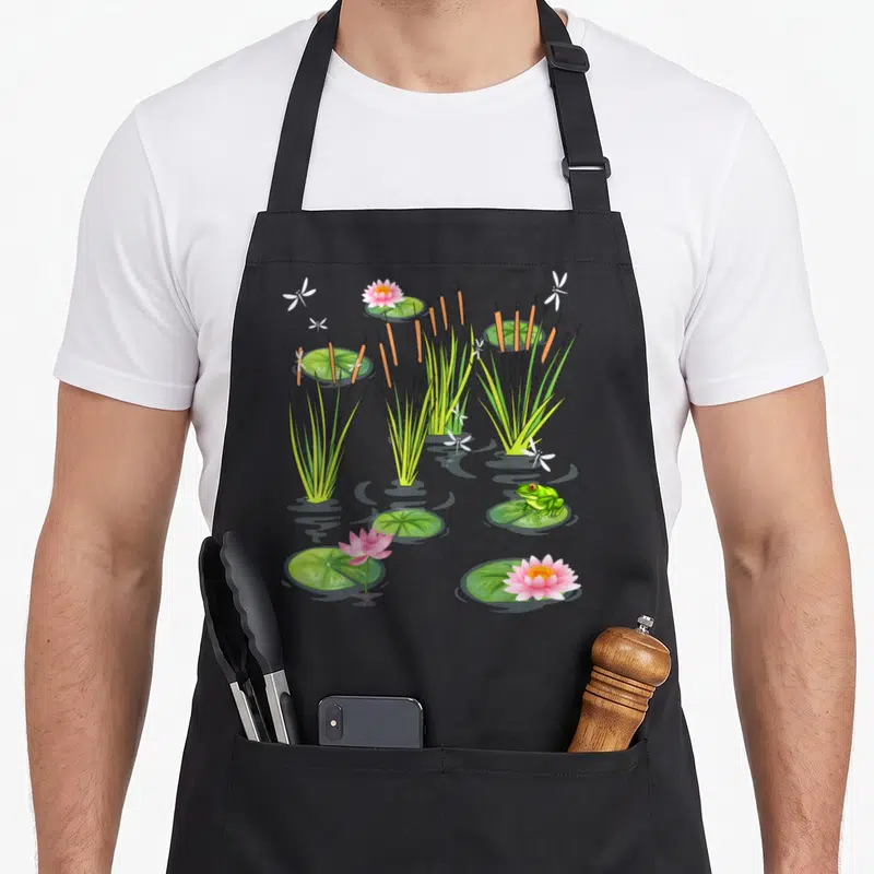 Tablier de cuisine noir avec une grenouille verte sur un nénuphar entourée de roseaux et de libellules blanches.