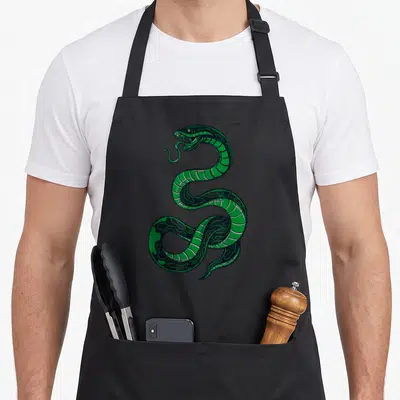 Tablier de cuisine noir avec illustration d'un serpent vert et noir enroulé en S.