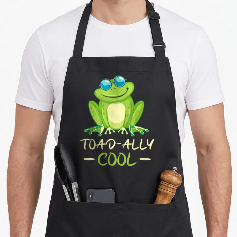 Tablier de cuisine noir avec une grenouille verte souriante portant des lunettes de soleil bleues et le texte Toad-ally cool.