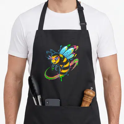 Tablier de cuisine noir avec une abeille apicultrice en style graffiti aux couleurs vives et lunettes roses.