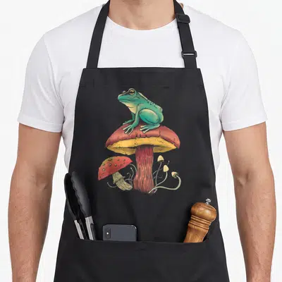 Tablier de cuisine noir avec une grenouille verte assise sur un gros champignon rouge et des moissons.