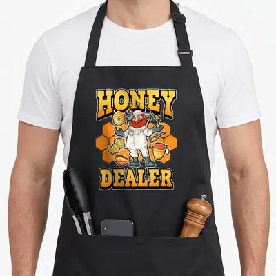 Tablier de cuisine noir avec illustration colorée d'un apiculteur Honey Dealer entouré de ruchers et de jarres de miel.