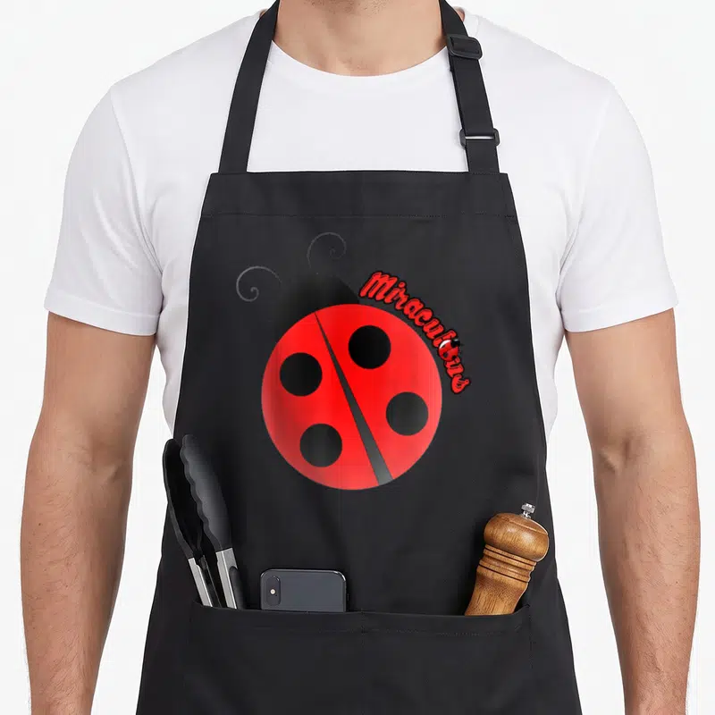 Tablier de cuisine noir avec une grande coccinelle rouge et le texte Miraculady en lettres stylisées rouges.