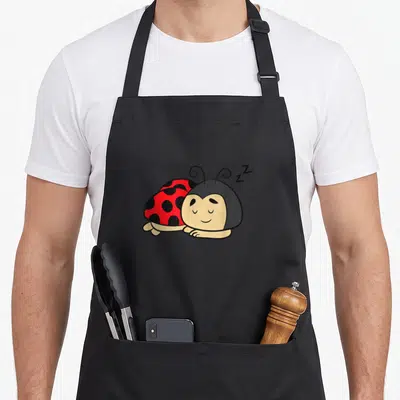 Tablier de cuisine noir avec une coccinelle endormie aux couleurs vives et un sourire paisible.