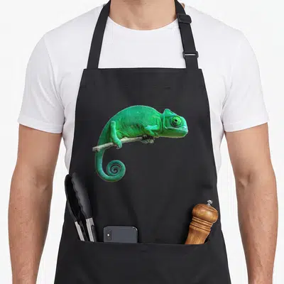 Tablier de cuisine noir avec un caméléon vert vif perché sur une brindille sèche au centre du torse.