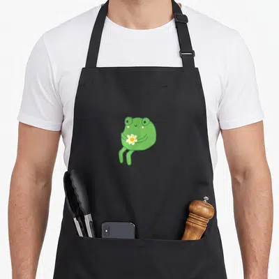 Tablier de cuisine noir avec une illustration de grenouille verte tenant une petite fleur blanche au centre du torse.