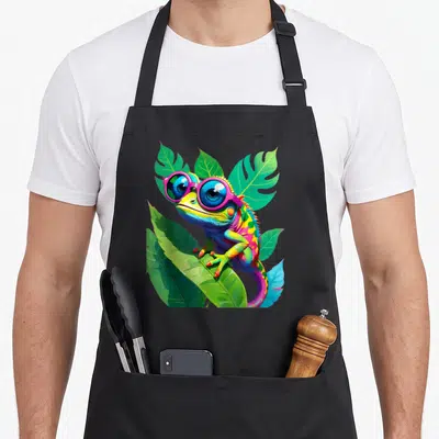 Tablier de cuisine noir avec illustration d'un caméléon aux couleurs vives portant des lunettes roses sur des feuilles vertes.