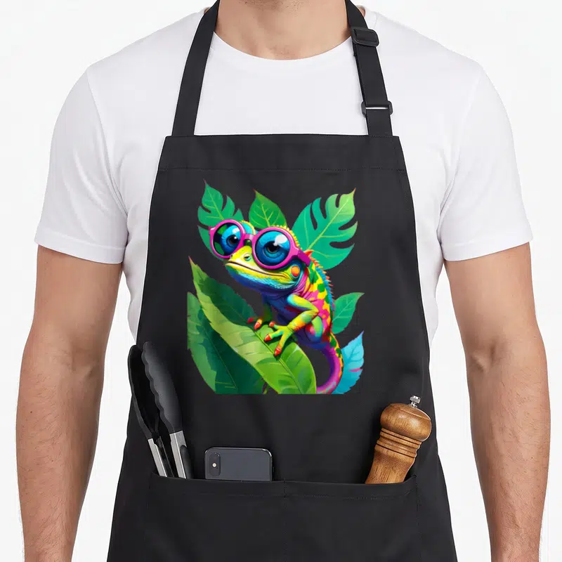 Tablier de cuisine noir avec illustration d'un caméléon aux couleurs vives portant des lunettes roses sur des feuilles vertes.